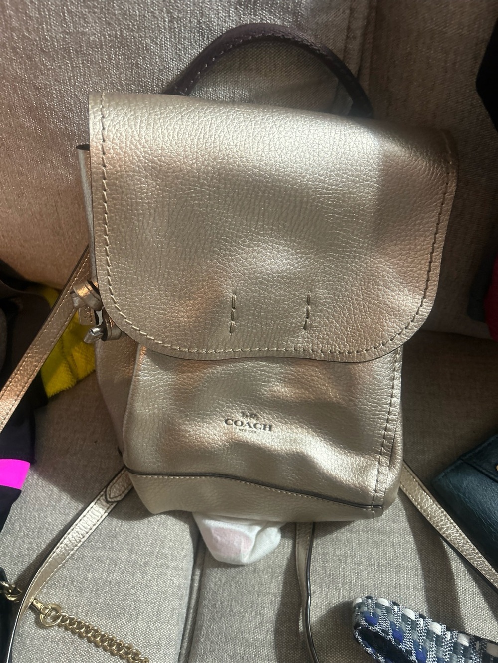 Coach Metallic Platinum Silver Derby Mini Backpack Pebble Leather